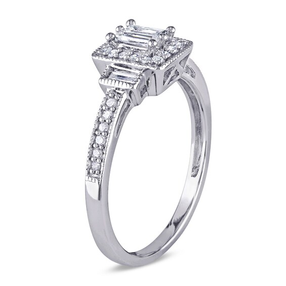Previously Owned - 1/4 CT. T.w. Composite Baguette Diamond Rectangle Frame Engagement Ring in 10K White Gold