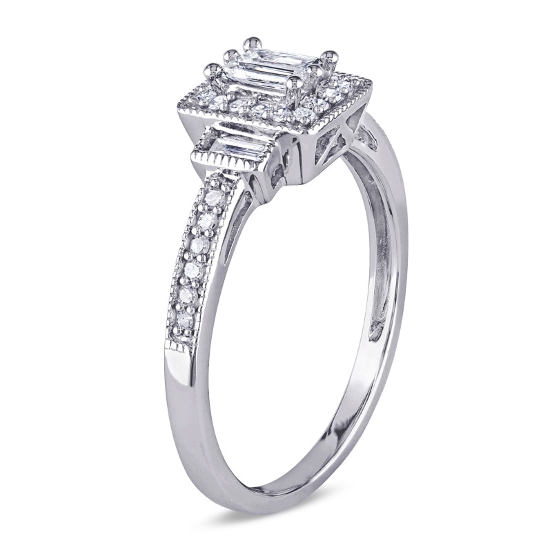 Main Image 2 of Previously Owned - 1/4 CT. T.W. Composite Baguette Diamond Rectangle Frame Engagement Ring in 10K White Gold