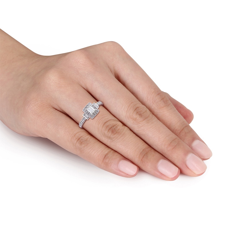 Main Image 3 of Previously Owned - 1/4 CT. T.W. Composite Baguette Diamond Rectangle Frame Engagement Ring in 10K White Gold