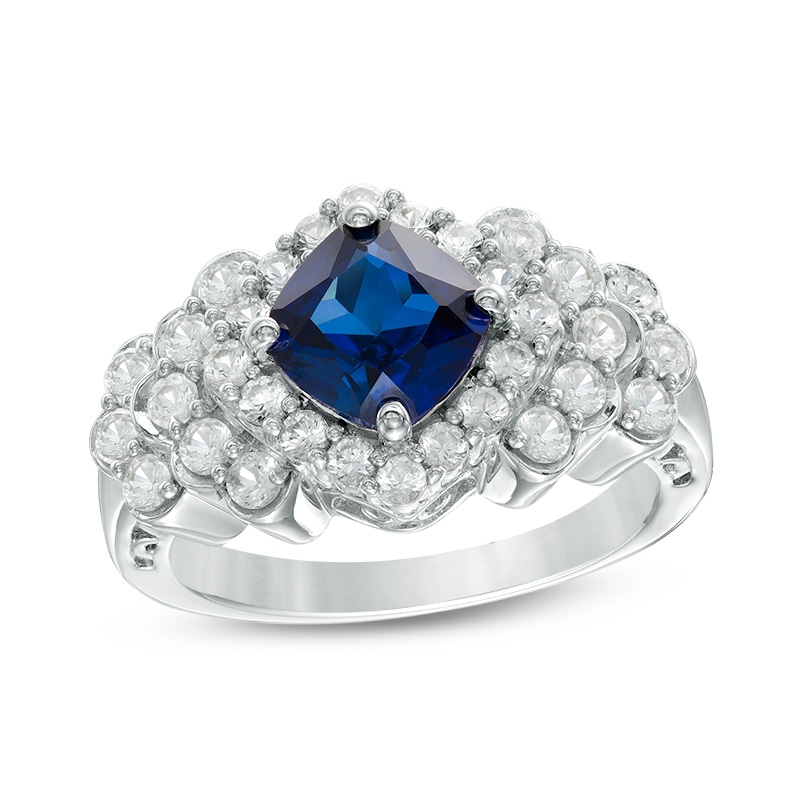 Previously Owned - 7.0mm Cushion-Cut Lab-Created Blue and White Sapphire Layered Ring in Sterling Silver