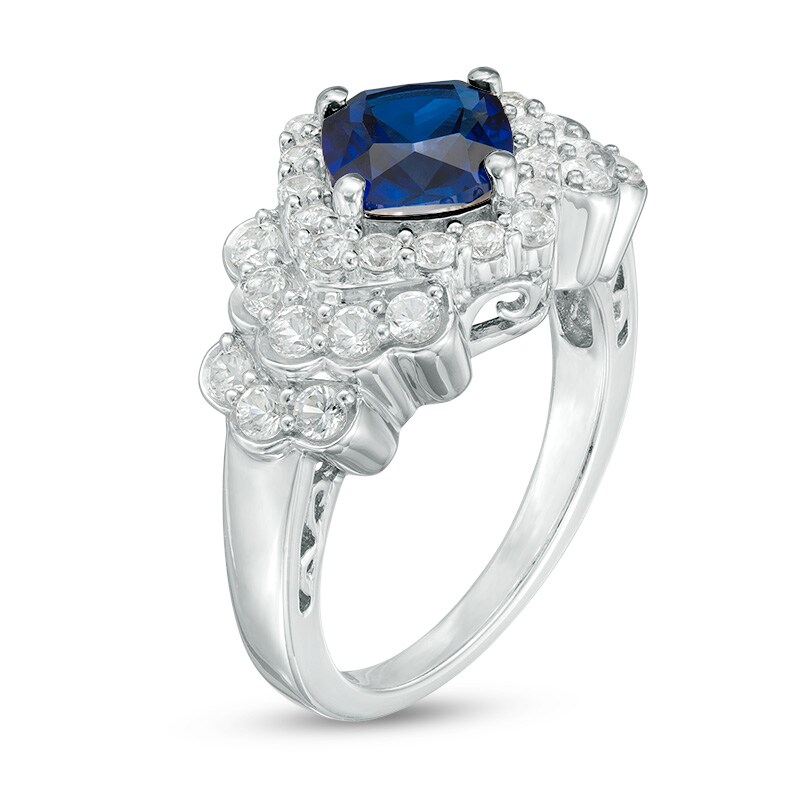 Previously Owned - 7.0mm Cushion-Cut Lab-Created Blue and White Sapphire Layered Ring in Sterling Silver