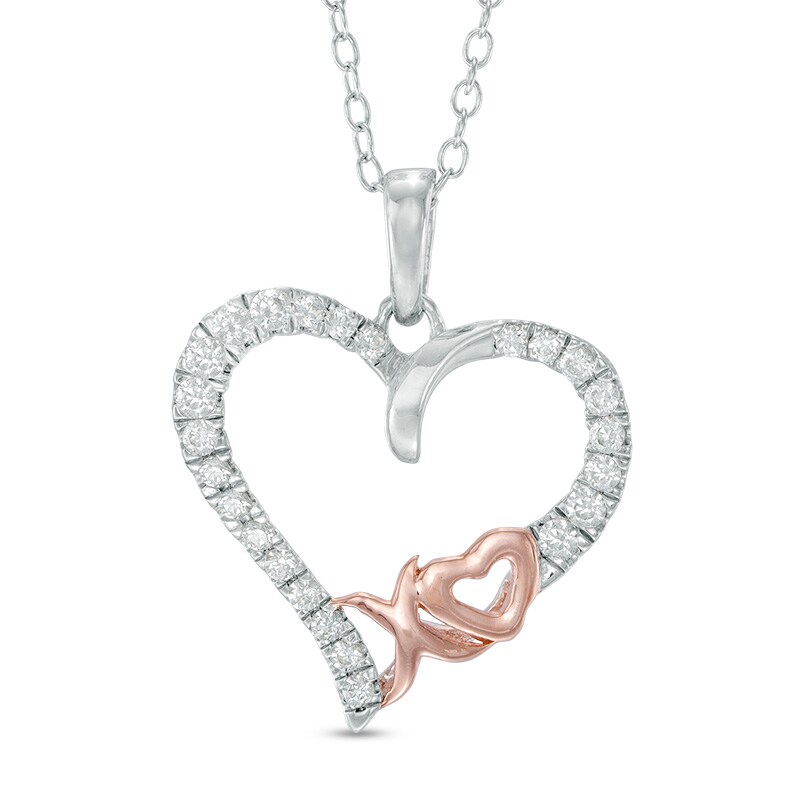 Main Image 1 of Previously Owned - 1/3 CT. T.W. Diamond "XO" Heart Pendant in Sterling Silver with 14K Rose Gold Plate