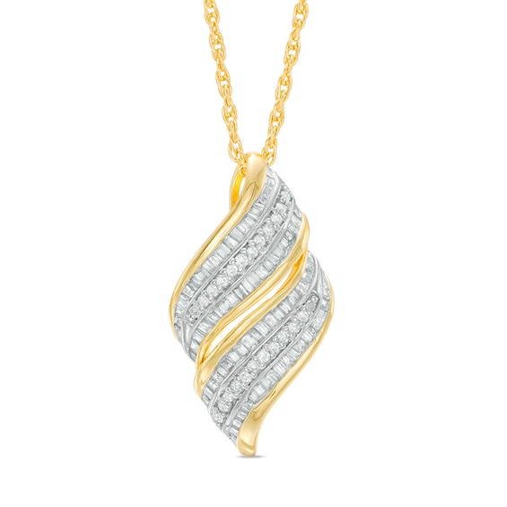 Previously Owned - 1/3 CT. T.w. Baguette and Round Diamond Swirl Pendant in Sterling Silver with 14K Gold Plate