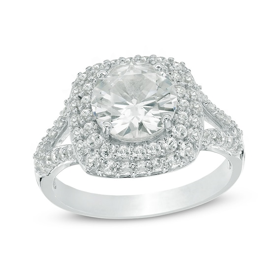 Previously Owned - 8.0mm Lab-Created White Sapphire Double Frame Split Shank Engagement Ring in Sterling Silver
