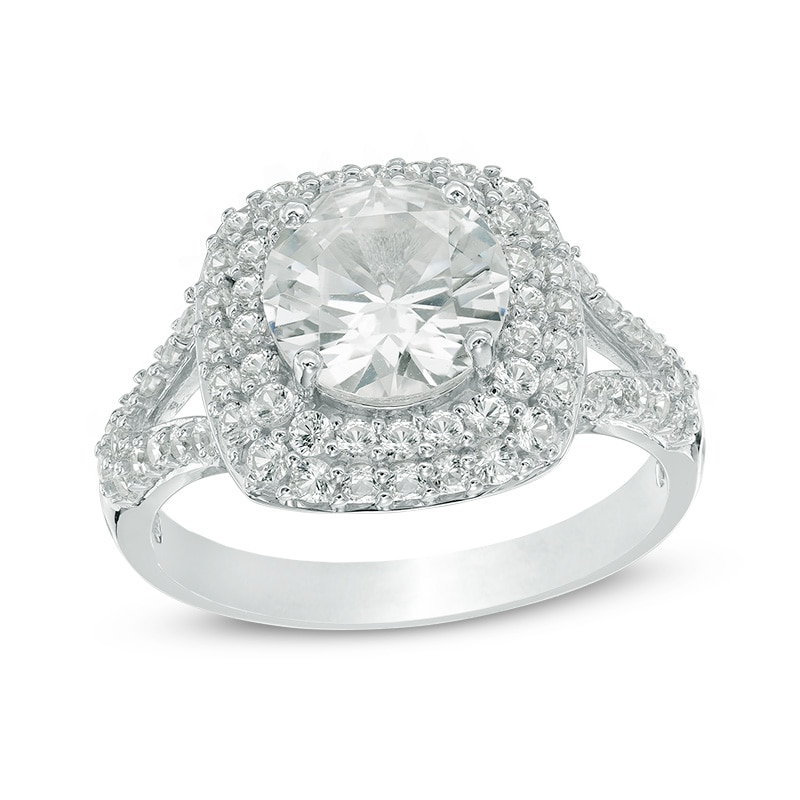Main Image 1 of Previously Owned - 8.0mm Lab-Created White Sapphire Double Frame Split Shank Engagement Ring in Sterling Silver