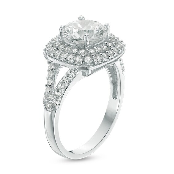 Previously Owned - 8.0mm Lab-Created White Sapphire Double Frame Split Shank Engagement Ring in Sterling Silver