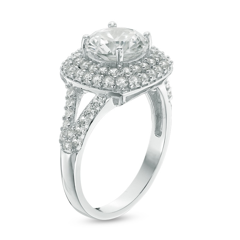 Main Image 2 of Previously Owned - 8.0mm Lab-Created White Sapphire Double Frame Split Shank Engagement Ring in Sterling Silver