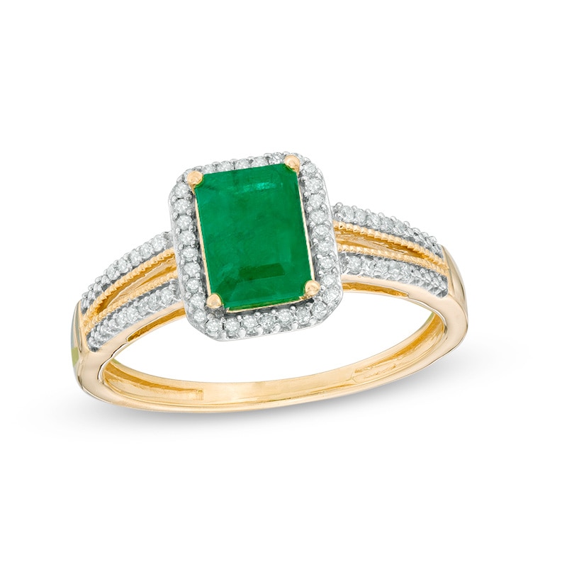 Main Image 1 of Previously Owned - Emerald-Cut Emerald and 1/10 CT. T.W. Diamond Frame Vintage-Style Split Shank Ring in 10K Gold