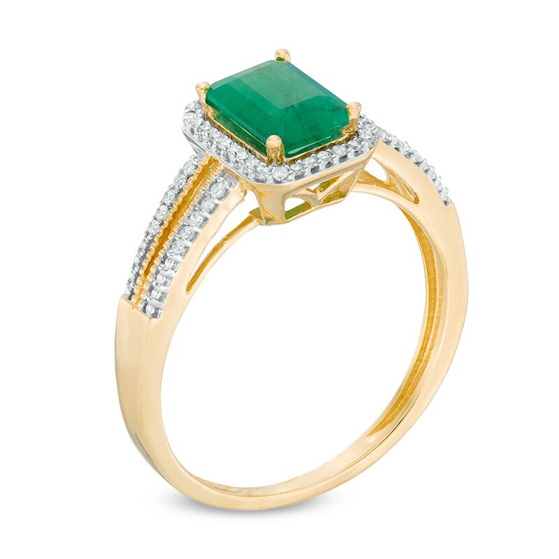 Main Image 2 of Previously Owned - Emerald-Cut Emerald and 1/10 CT. T.W. Diamond Frame Vintage-Style Split Shank Ring in 10K Gold