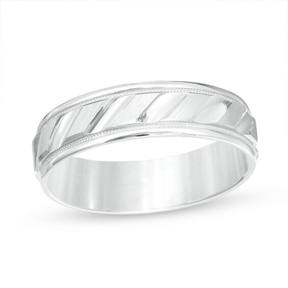 Previously Owned - 6.0mm Brushed Milgrain Slant Comfort Fit Wedding Band in 14K White Gold
