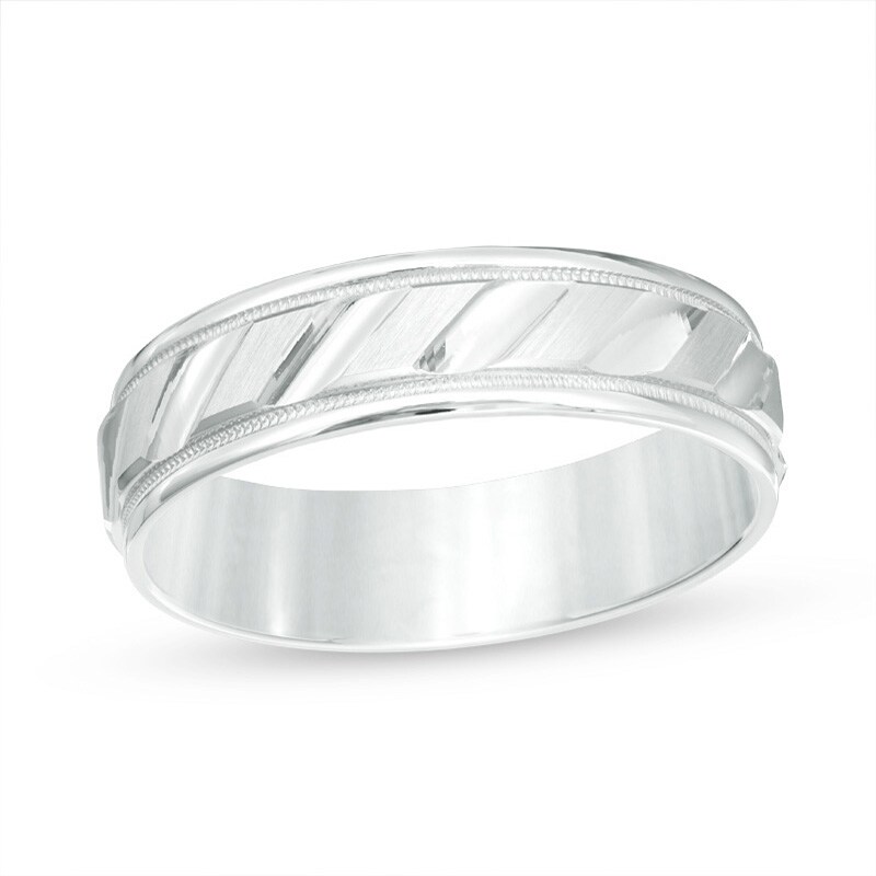 Main Image 1 of Previously Owned - 6.0mm Brushed Milgrain Slant Comfort Fit Wedding Band in 14K White Gold