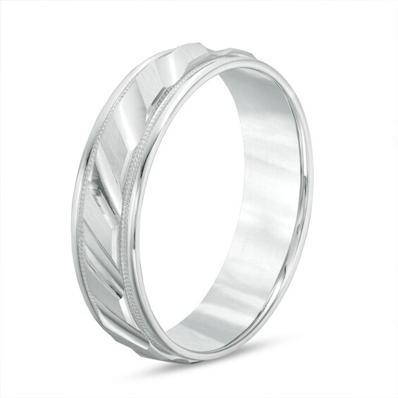 Previously Owned - 6.0mm Brushed Milgrain Slant Comfort Fit Wedding Band in 14K White Gold