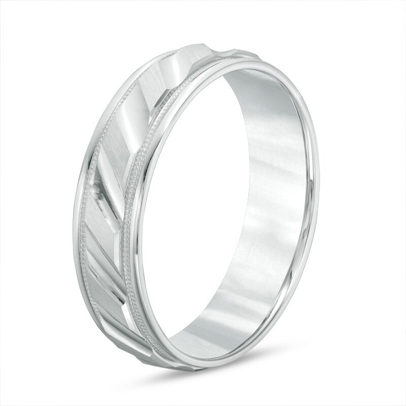 Main Image 2 of Previously Owned - 6.0mm Brushed Milgrain Slant Comfort Fit Wedding Band in 14K White Gold