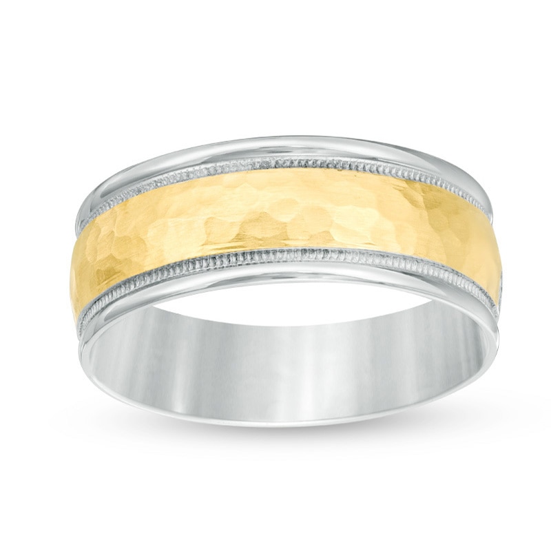 Main Image 1 of Previously Owned - Men's 8.0mm Hammered Milgrain Comfort Fit Wedding Band in 14K Two-Tone Gold