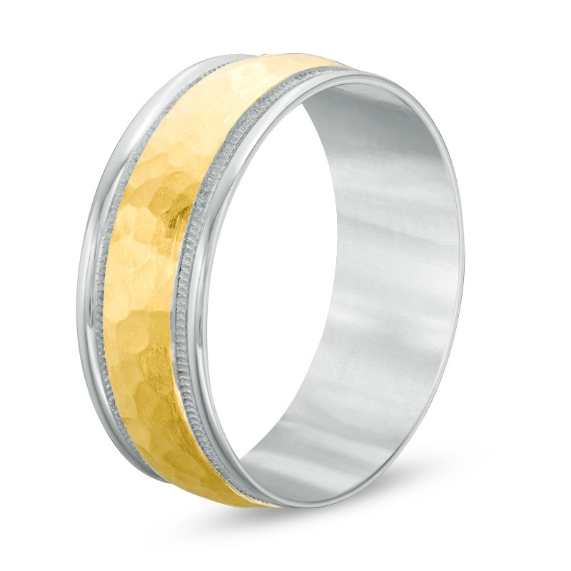 Main Image 2 of Previously Owned - Men's 8.0mm Hammered Milgrain Comfort Fit Wedding Band in 14K Two-Tone Gold