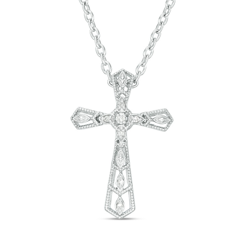 Previously Owned - Diamond Accent Vintage-Style Chevron Cross Pendant in Sterling Silver