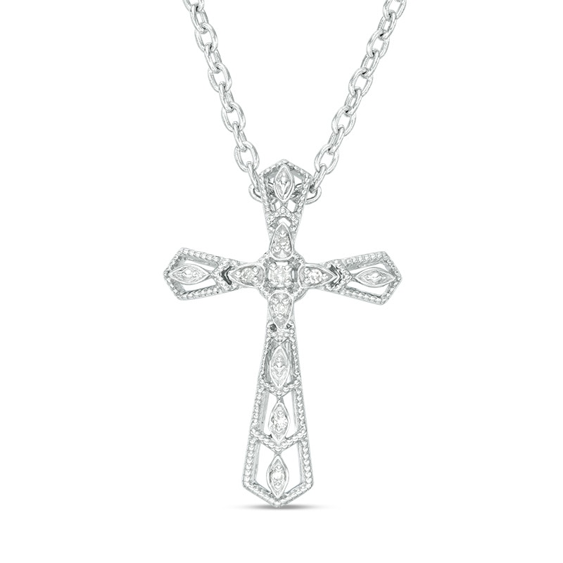 Previously Owned - Diamond Accent Vintage-Style Chevron Cross Pendant in Sterling Silver