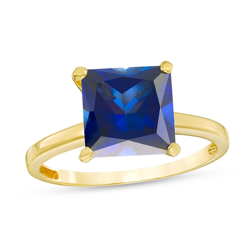 Main Image 1 of Previously Owned - 8.0mm Princess-Cut Lab-Created Blue Sapphire Solitaire Ring in 10K Gold