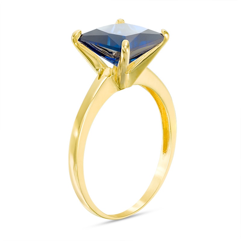 Main Image 2 of Previously Owned - 8.0mm Princess-Cut Lab-Created Blue Sapphire Solitaire Ring in 10K Gold