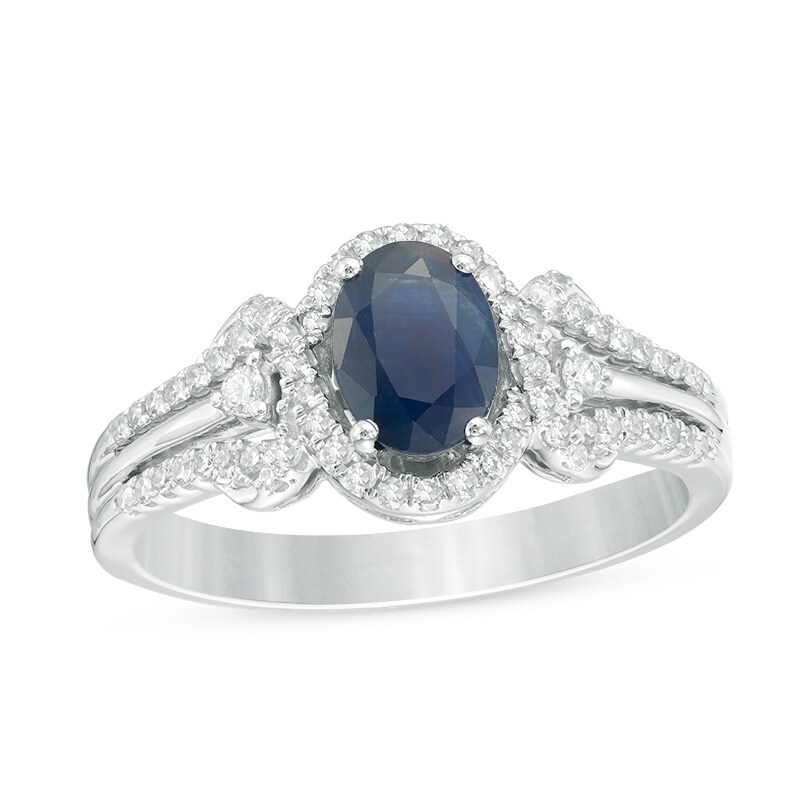 Main Image 1 of Previously Owned - Oval Blue Sapphire and 1/4 CT. T.W. Diamond Frame Ring in 10K White Gold