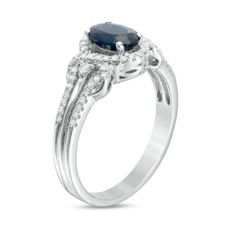 Main Image 2 of Previously Owned - Oval Blue Sapphire and 1/4 CT. T.W. Diamond Frame Ring in 10K White Gold