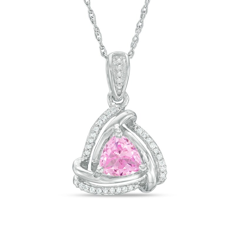 Main Image 1 of Previously Owned - Trillion-Cut Pink Lab-Created Sapphire and Diamond Accent Swirl Frame Pendant in Sterling Silver