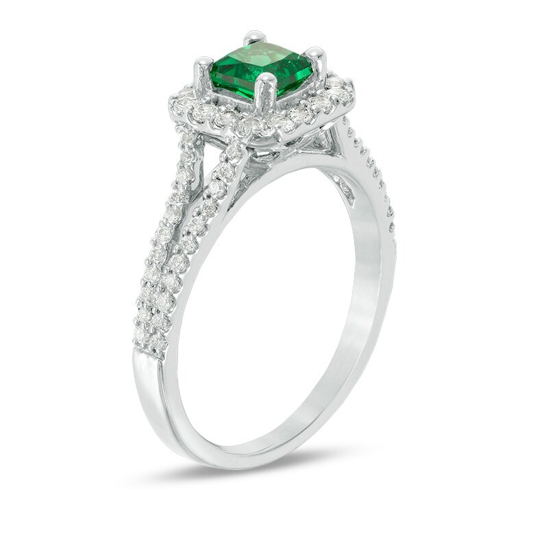 Main Image 2 of Previously Owned - Lab-Created Emerald, White Sapphire and 1/4 CT. T.W. Diamond Engagement Ring in Sterling Silver