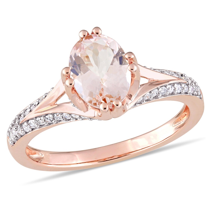 Main Image 1 of Previously Owned - Oval Morganite and 1/5 CT. T.W. Diamond Split Shank Engagement Ring in 14K Rose Gold