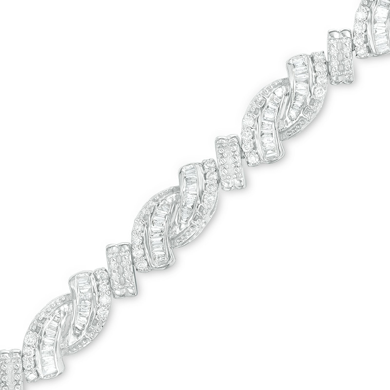 Main Image 1 of Previously Owned - 2 CT. T.W. Baguette and Round Diamond Bypass Bracelet in Sterling Silver