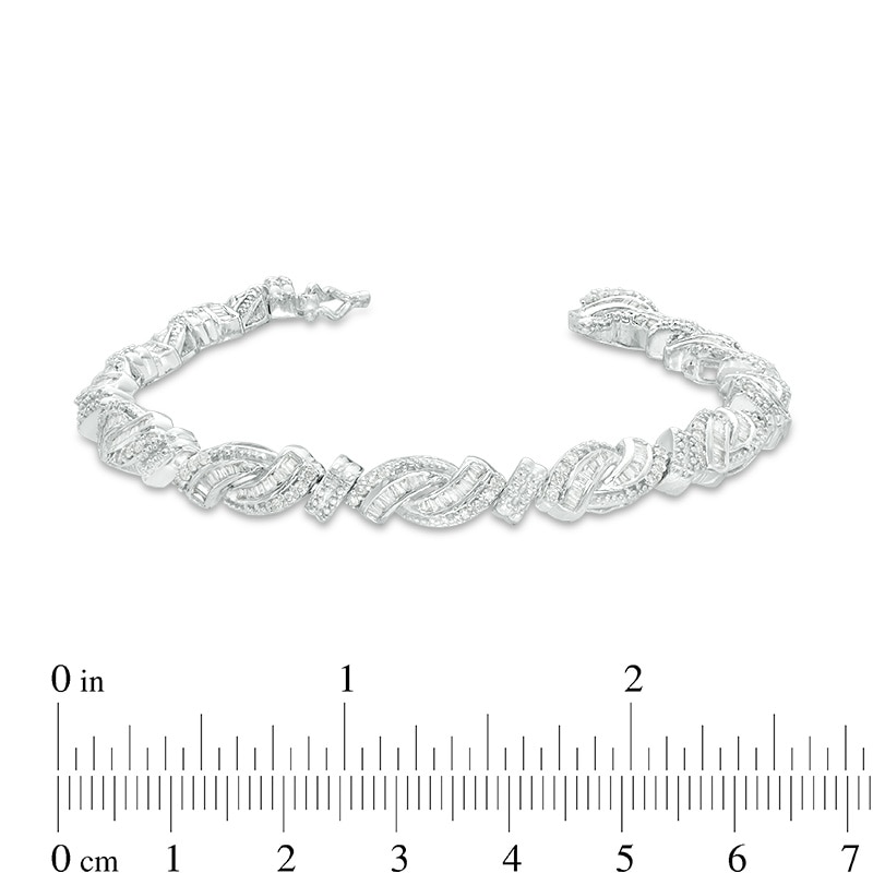 Main Image 3 of Previously Owned - 2 CT. T.W. Baguette and Round Diamond Bypass Bracelet in Sterling Silver