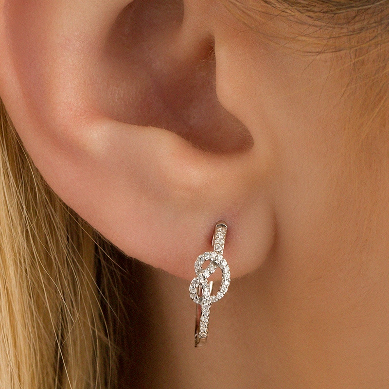 Main Image 2 of Previously Owned - 1/6 CT. T.W. Diamond Knot Hoop Earrings in Sterling Silver