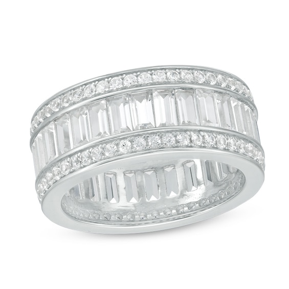 Previously Owned - Emerald-Cut and Round Lab-Created White Sapphire Triple Row Band in Sterling Silver