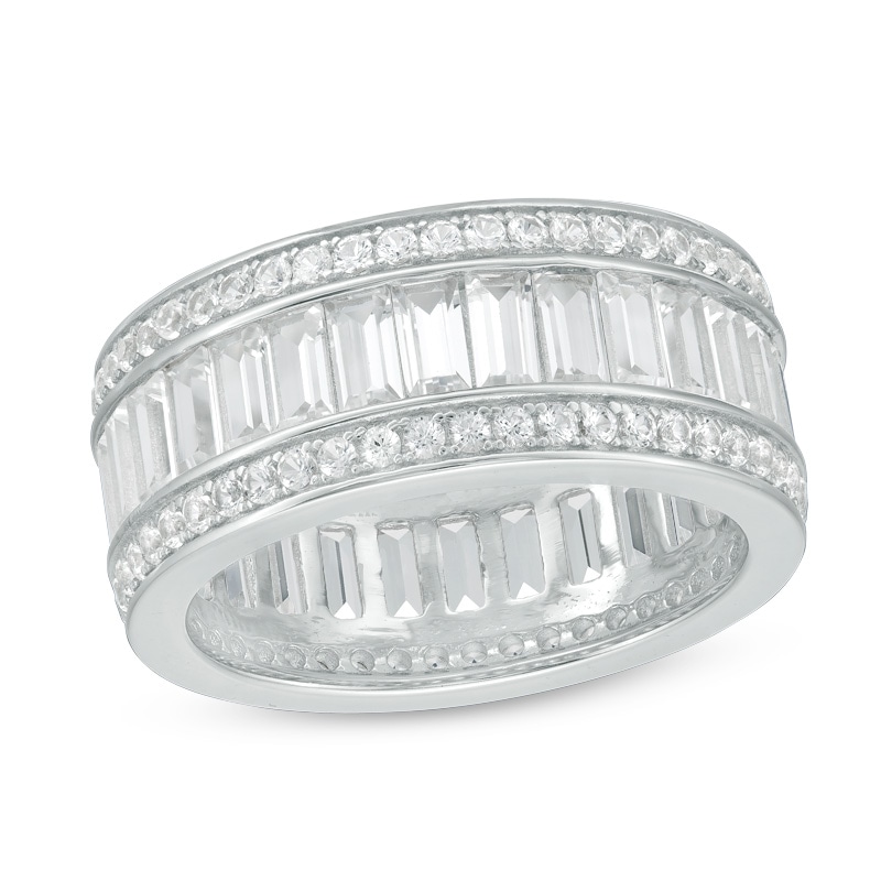 Main Image 1 of Previously Owned - Emerald-Cut and Round Lab-Created White Sapphire Triple Row Band in Sterling Silver