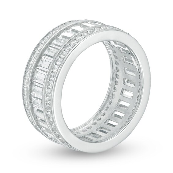 Previously Owned - Emerald-Cut and Round Lab-Created White Sapphire Triple Row Band in Sterling Silver