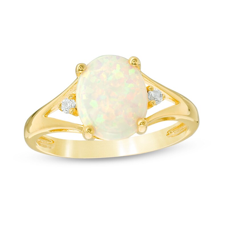Main Image 1 of Previously Owned - Oval Lab-Created Opal and White Sapphire Split Shank Ring in Sterling Silver with 14K Gold Plate
