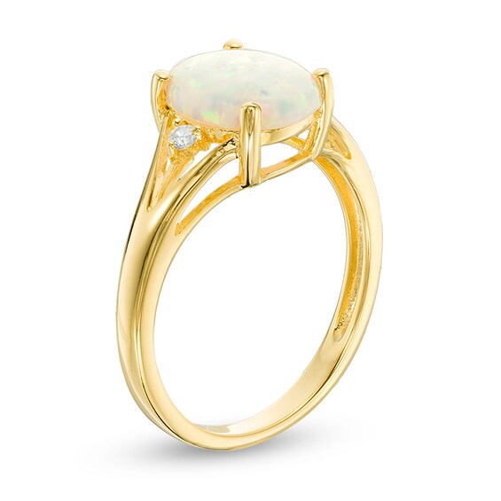 Previously Owned - Oval Lab-Created Opal and White Sapphire Split Shank Ring in Sterling Silver with 14K Gold Plate