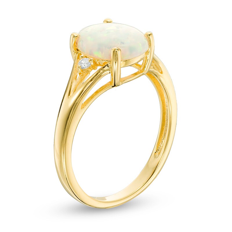 Main Image 2 of Previously Owned - Oval Lab-Created Opal and White Sapphire Split Shank Ring in Sterling Silver with 14K Gold Plate