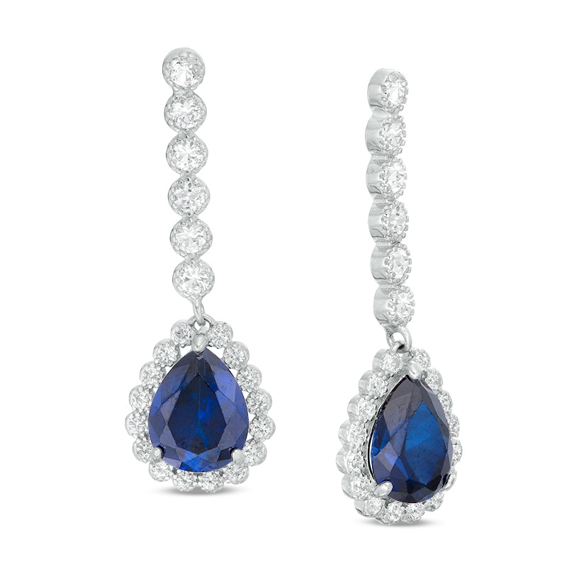 Main Image 1 of Previously Owned - Pear-Shaped Lab-Created Blue and White Sapphire Framed Vintage-Style Drop Earrings in Sterling Silver