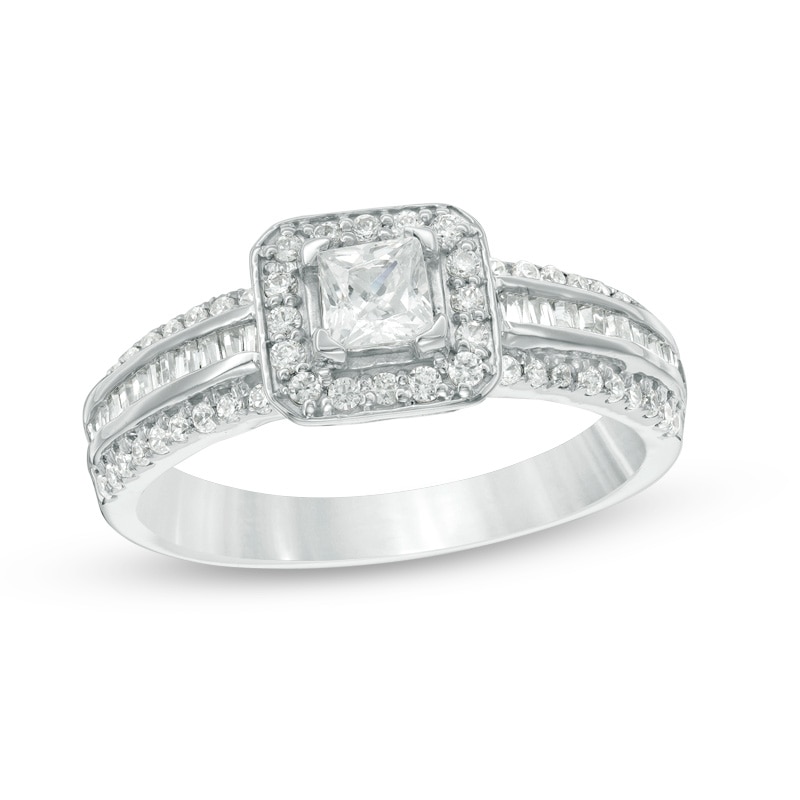 Main Image 1 of Previously Owned - 3/4 CT. T.W. Princess-Cut Diamond Frame Multi-Row Engagement Ring in 10K White Gold