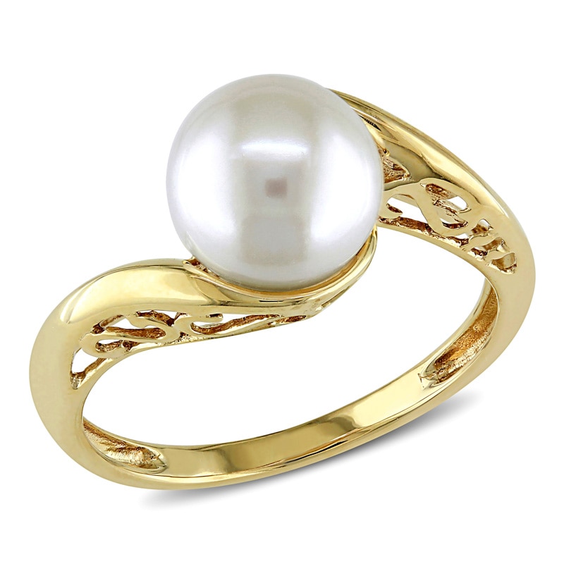 Main Image 1 of Previously Owned-8.0-8.5mm Freshwater Cultured Pearl and Scroll Bypass Ring in 10K Gold