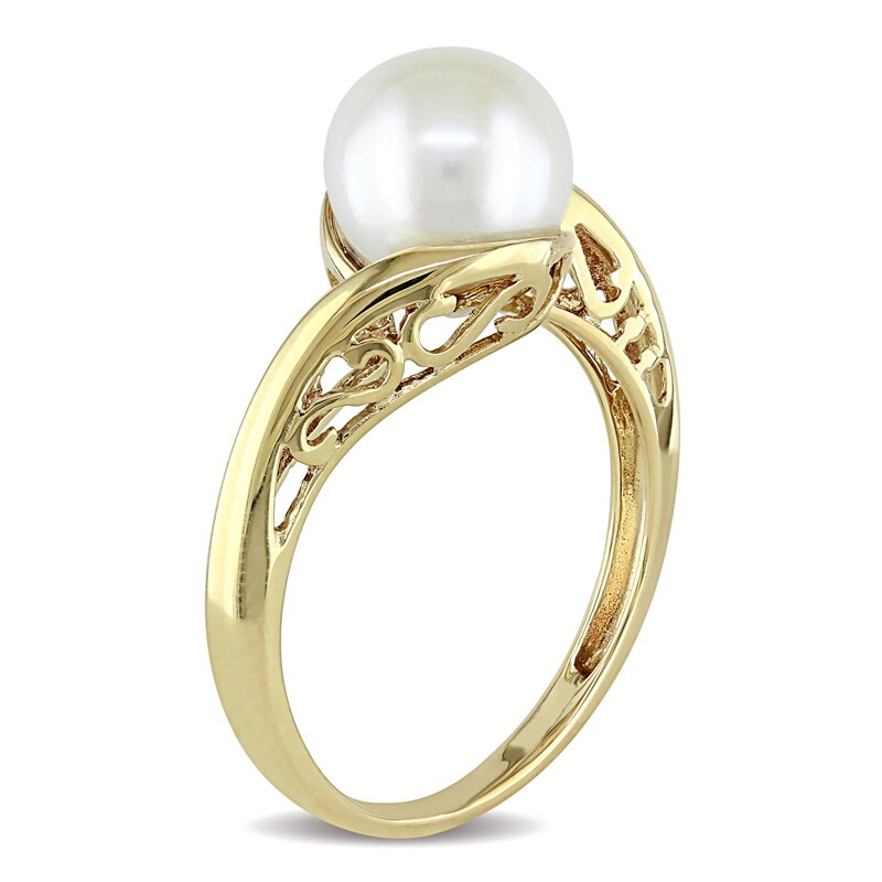 Main Image 2 of Previously Owned-8.0-8.5mm Freshwater Cultured Pearl and Scroll Bypass Ring in 10K Gold