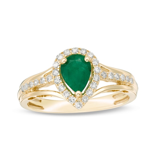 Previously Owned - Pear-Shaped Emerald and 1/5 CT. T.w. Diamond Frame Triple Row Split Shank Ring in 10K Gold
