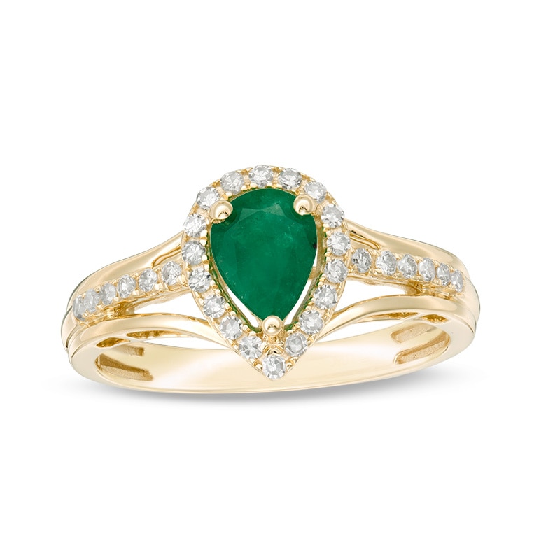 Main Image 1 of Previously Owned - Pear-Shaped Emerald and 1/5 CT. T.W. Diamond Frame Triple Row Split Shank Ring in 10K Gold