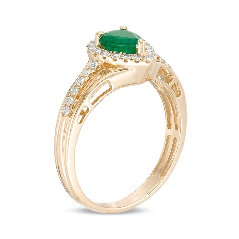 Main Image 2 of Previously Owned - Pear-Shaped Emerald and 1/5 CT. T.W. Diamond Frame Triple Row Split Shank Ring in 10K Gold