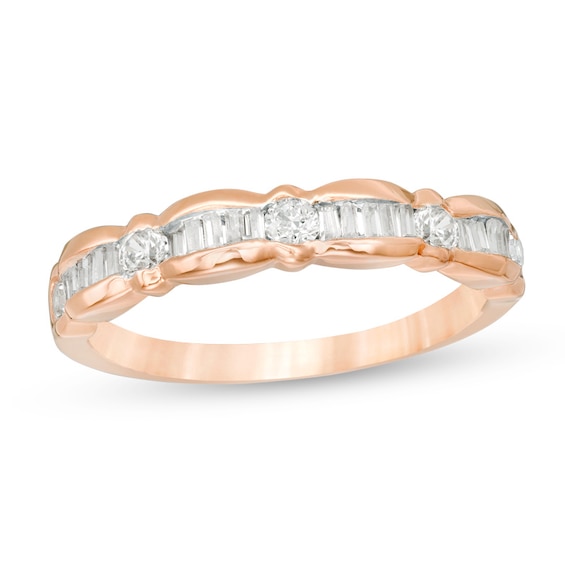 Previously Owned - 1/3 CT. T.w. Baguette and Round Diamond Scallop Wedding Band in 10K Rose Gold