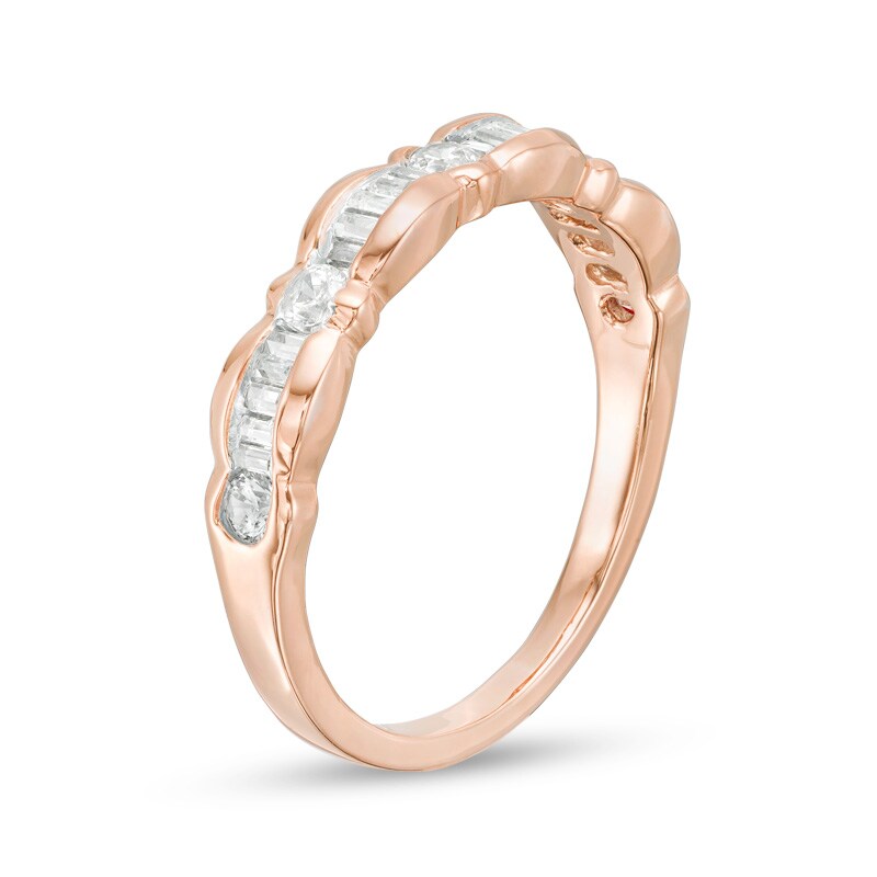 Main Image 2 of Previously Owned - 1/3 CT. T.W. Baguette and Round Diamond Scallop Wedding Band in 10K Rose Gold