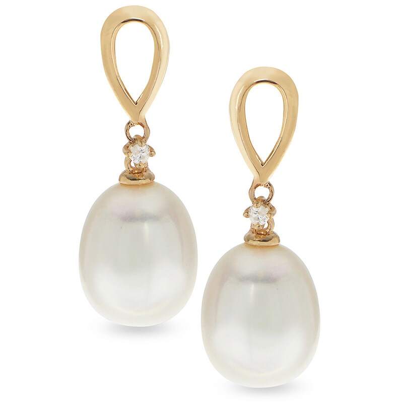 Previously Owned-8.0-9.0mm Oval Freshwater Cultured Pearl and Diamond Accent Loop drop Earrings in 14K Gold