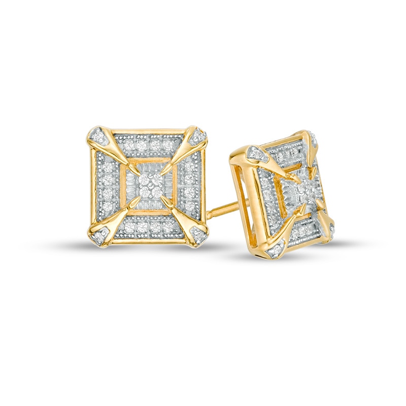 Main Image 1 of Previously Owned - 1/8 CT. T.W. Quad Diamond Frame Stud Earrings in Sterling Silver with 14K Gold Plate
