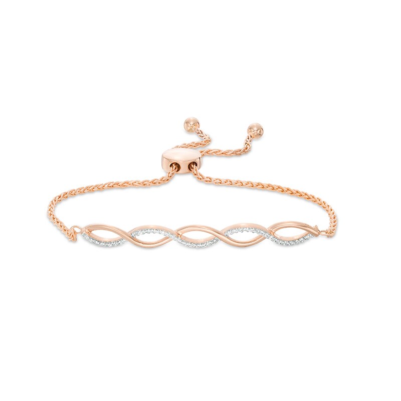 Main Image 1 of Previously Owned - 1/10 CT. T.W. Diamond Twist Bolo Bracelet in Sterling Silver with 14K Rose Gold Plate - 9.5"