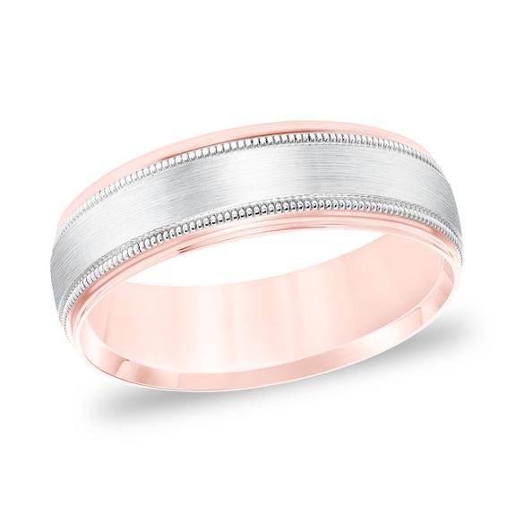 Previously Owned - 6.5mm Comfort-Fit Brushed center Milgrain-Edge Wedding Band in 14K Two-Tone Gold